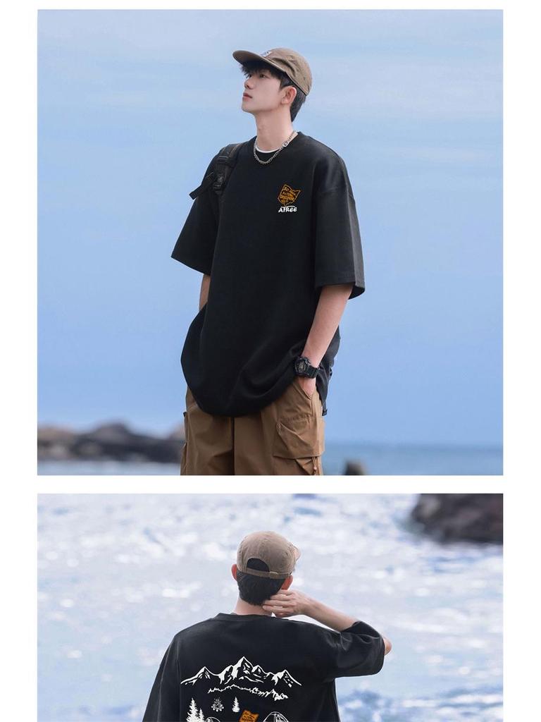 Męska luźna koszulka z krótkim rękawem, ciężka, wykonana z czystej bawełny