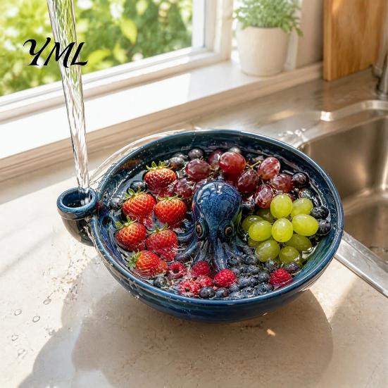 Delicate Food Drainer Self Spinning Ceramic Berry Washing Bowl, Octopus Shape 360 Degree Vortex Herb Container Cleaning Colander, Integrated