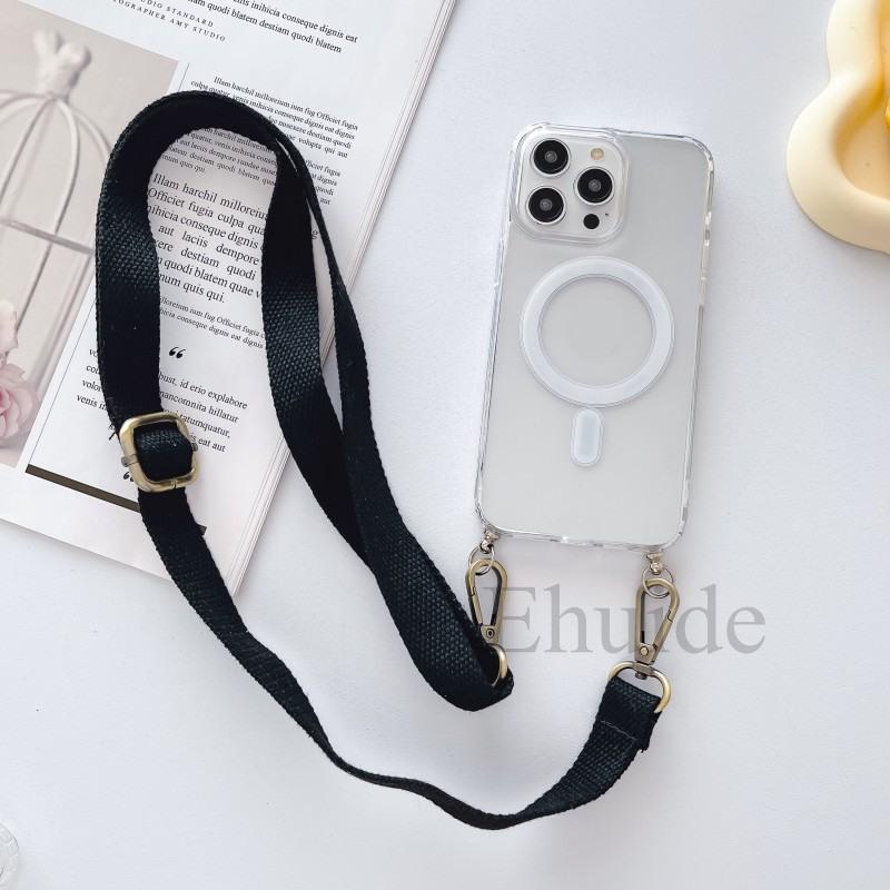

Magnetic Case For Magsafe iPhone 16 15 14 12 11 13 Pro Max Mini XS X XR 8 7 Plus Strap Crossbody Lanyard Rope Transparent Cover For iPhone16 Pro max&Case & Strap