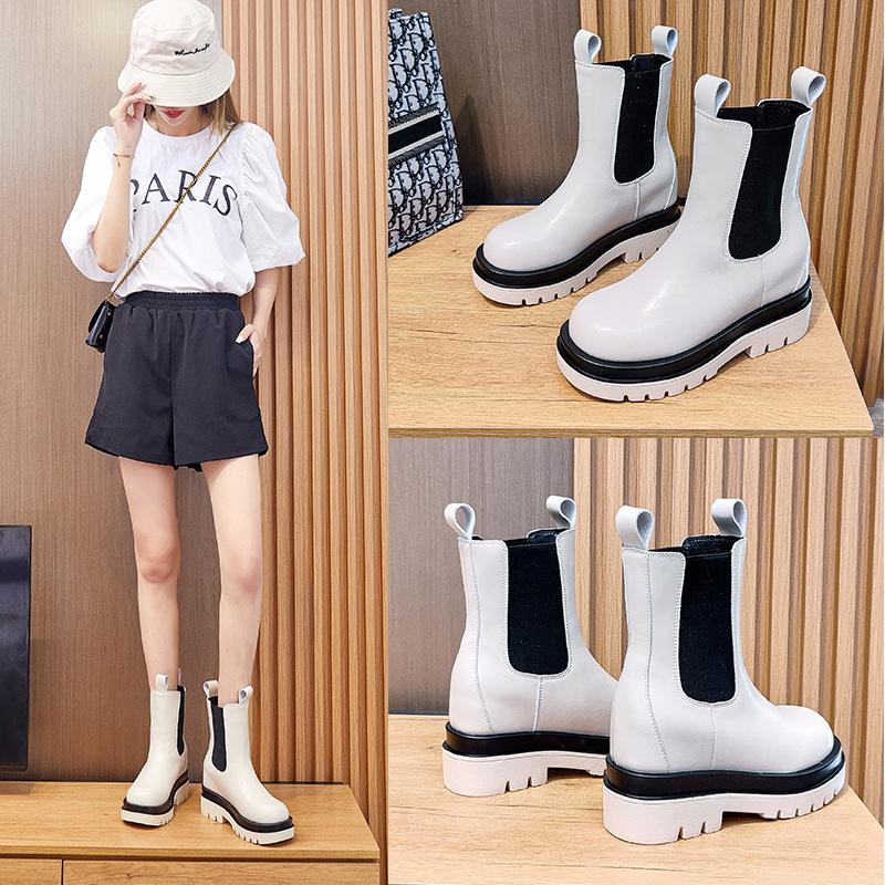 Autumn and Winter Fleece-Lined New Genuine Leather Women's Platform Height Increasing Insole Casual Smoke Pipe Boots Women