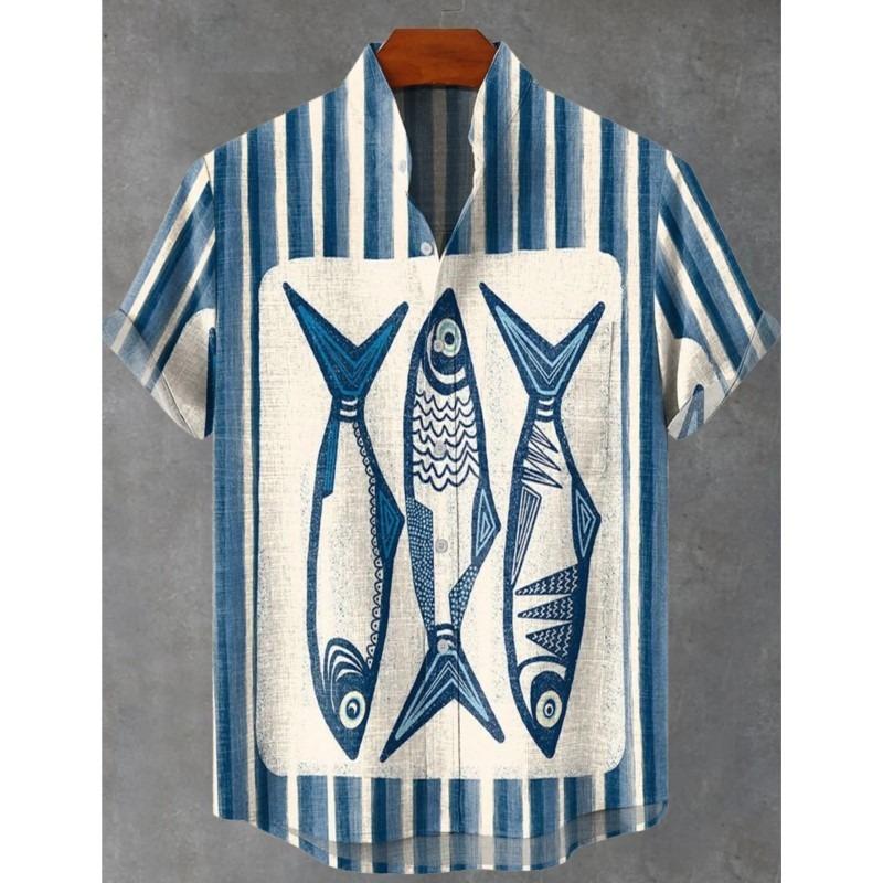 Neues Sommer Herren Retro 3D Kunst Druck Gestreift Fischmuster Lässig Und Modisch Leinen Herren Stehkragen Hemd XL blue