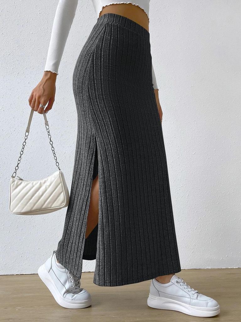 High-Waisted Side Slit Slimming Midi Knitted Skirt - European & American Style for Women