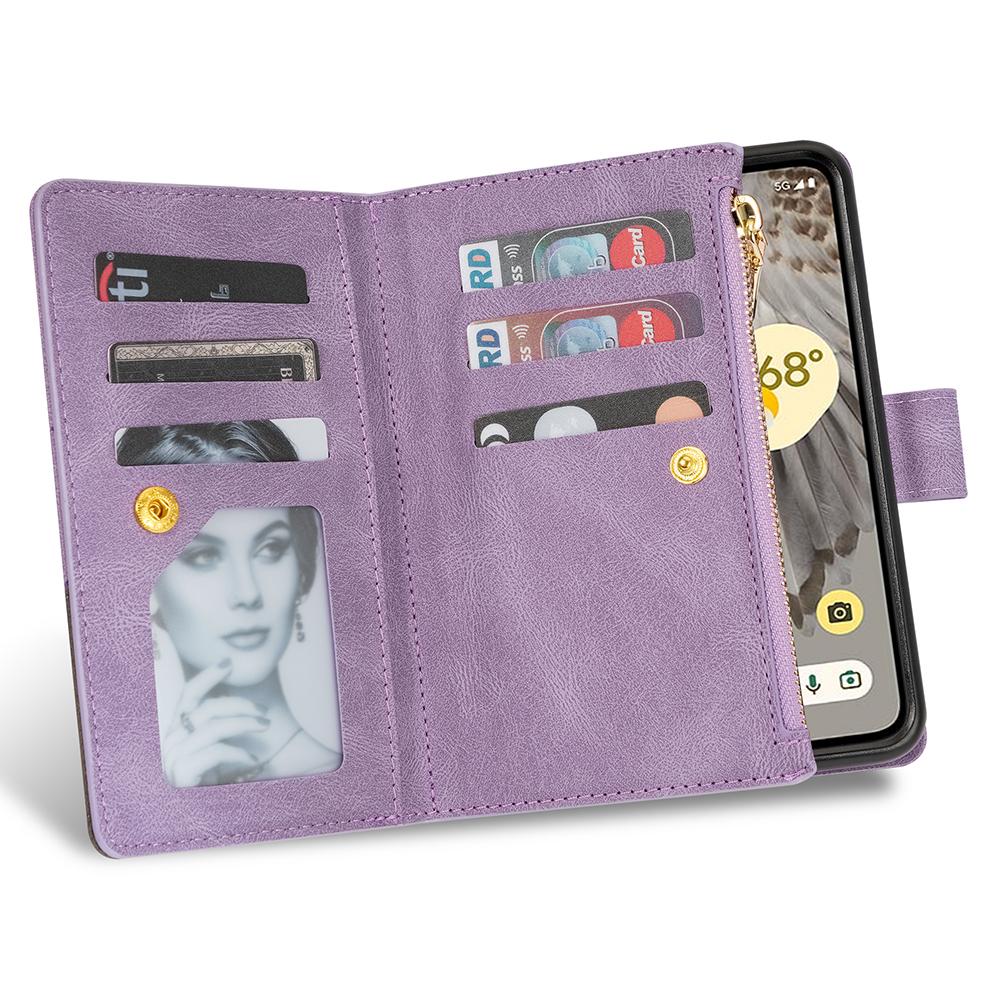 

For Google Pixel Fold Leather Flip Phone Case Zipper Pocket Stand Lines Imprinted Wallet Cover Purple