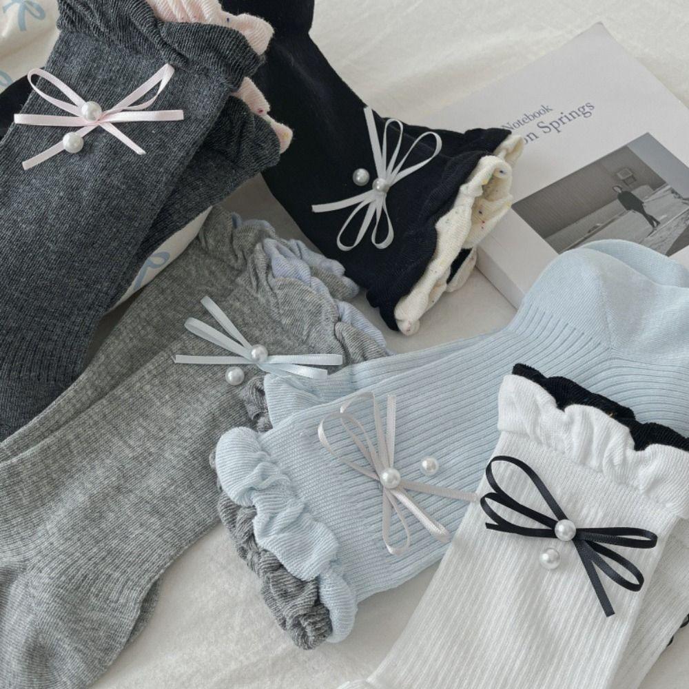 5Pairs Ins Style Bowknot Pearl Socks Thin Sweet Socks Women Soft Mid Tube Socks  Lady