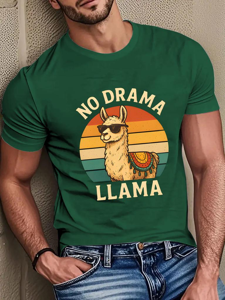 Unisex Black Crew Neck Tee Vintage Rainbow Sunset Circle Cool Sunglass Llama No Drama Llama Humorous Animal Graphic Cotton Tops