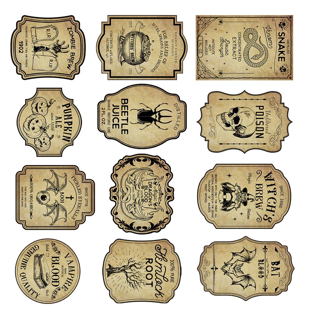 Pack of 12 Halloween Wine Bottle Stickers Vintage Apothecary Design Waterproof Paper for Party Decor