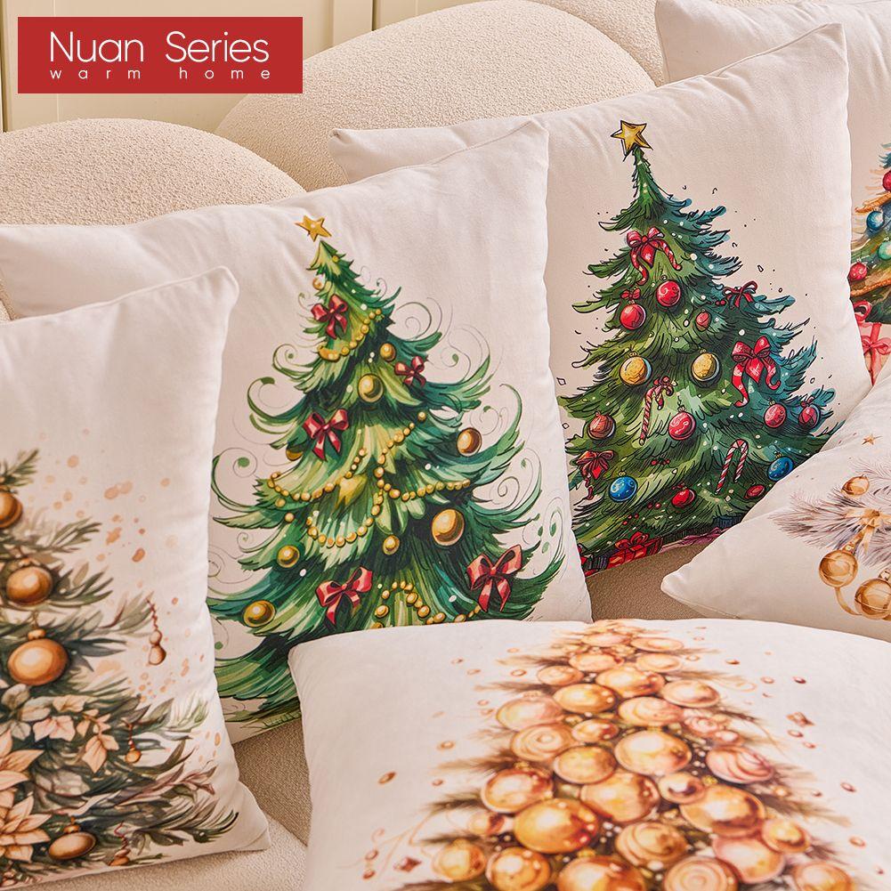 1PC Nuan Series Christmas Pillowcase Hand Drawn Christmas Tree Cluster Printed Cushion Cover for Sofa Living Room Bedroom Home Decor Party Decor
