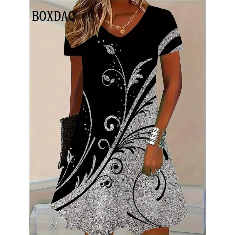 Summer 3D Print Dresses Women Fashion Pullover Short Sleeve V-Neck Dress Casual Retro Flowers Loose Plus Size Female Clothing