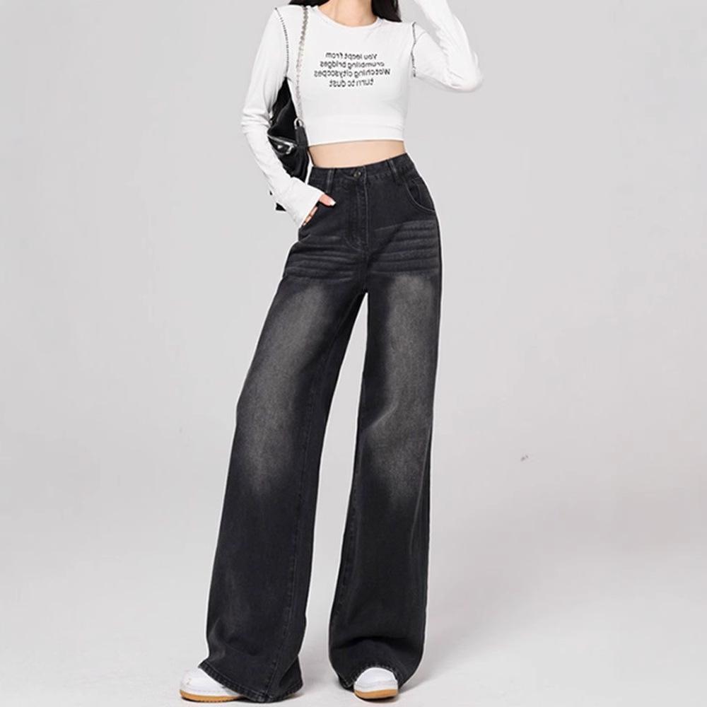 Women Straight Leg Denim Jeans Casual Solid Color Cotton Blend High Waist Daily Streetwear Long Pants