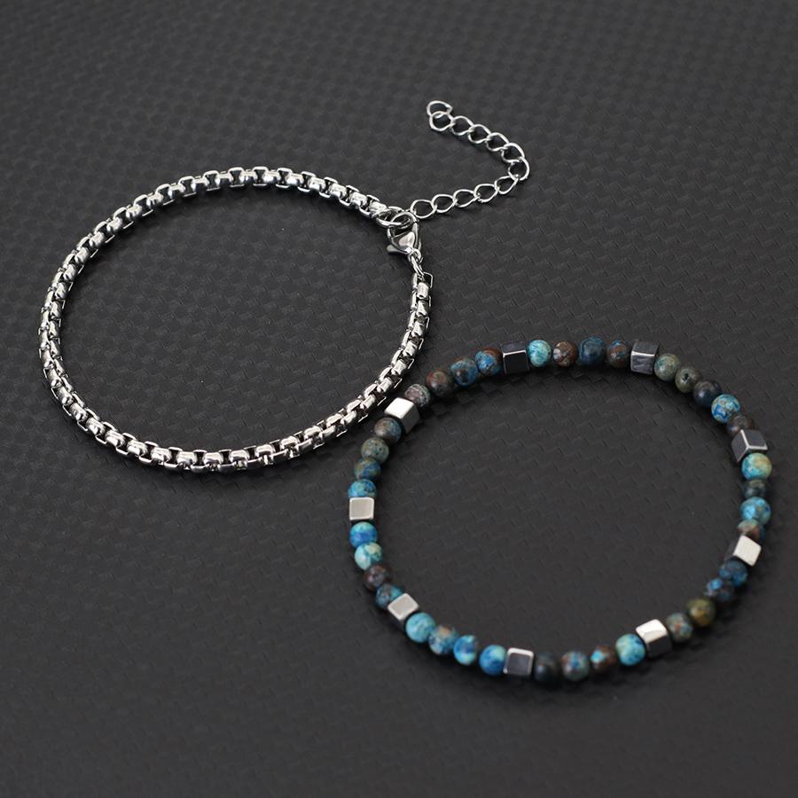Fashion 2Pcs/Set Cuban Chain Bracelet With Stainless Steel 4mm Tiger Eyes Malachite Stone Strand Braslet Hiphop Rock Accessories