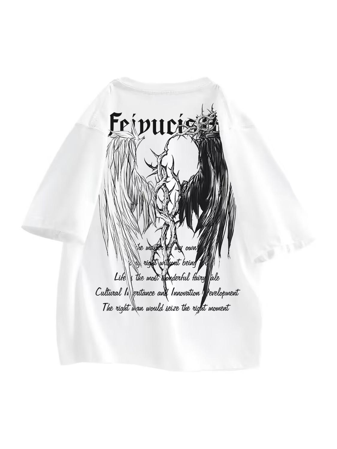 

High Street Angel Solid Color Devil Loose Trendy Summer Tshirt 100 Cotton Adult Men Cool Versatile Soft Breathable Daily Use 4XL