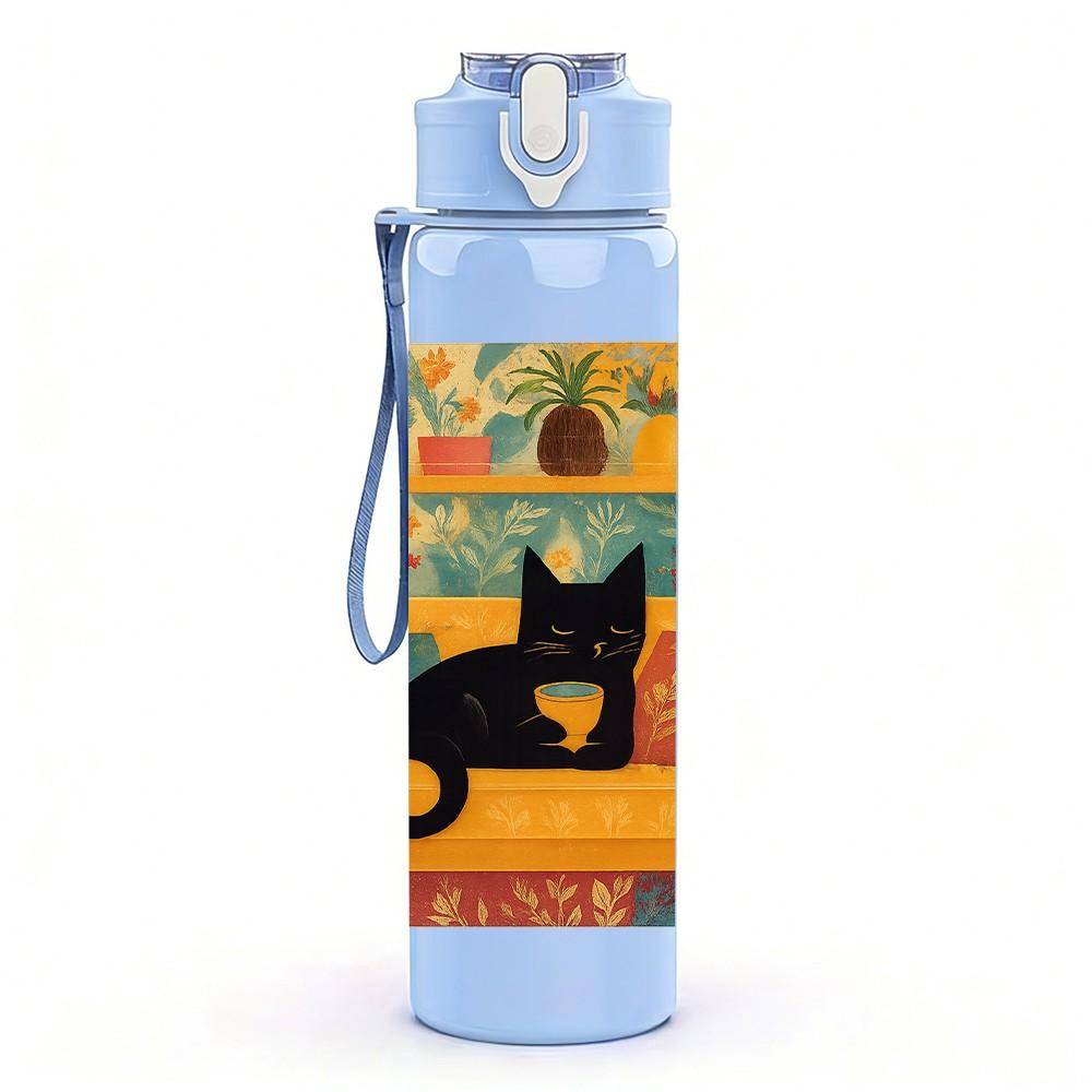 1PC Black Cat Color Block Frame 750ml Color Plastic Sports Water Bottle Leakproof Flip Straw Lid For Sports Office Home Use