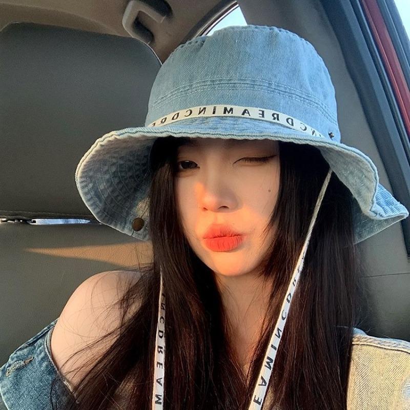 Strap bucket hat women's spring and autumn retro washed big eaves show face small plain basin hat high-end hat