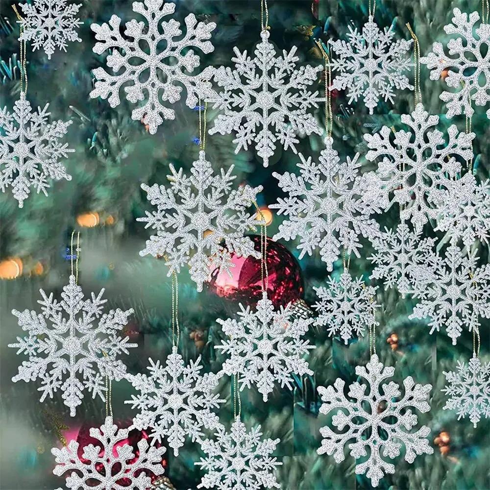 36pcs Christmas Snowflake Ornaments Plastic Glitter Snow Flakes Ornaments for Winter Christmas Tree Decorations