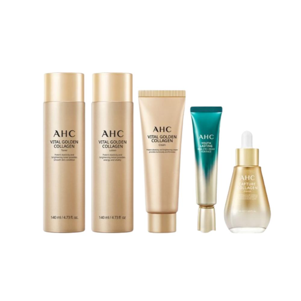 

AHC Vital Golden Collagen Youth Полный уход за кожей Набор из 5 предметов (Тонер 140 мл + Лосьон 140 мл + Крем 50 г + Крем для век 30 мл + Ампула 50 мл)