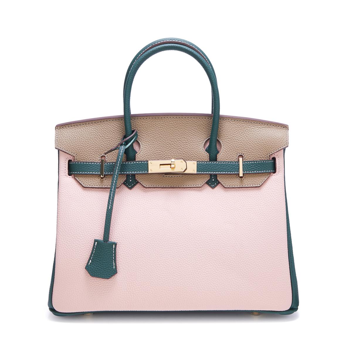 

Сумка из натуральной кожи контрастного цвета с зерном личи и большим слоем коровьей кожи, вместительная, модная, подходящего цвета, сумка через плечо для женщин 25x10x19cm розовый