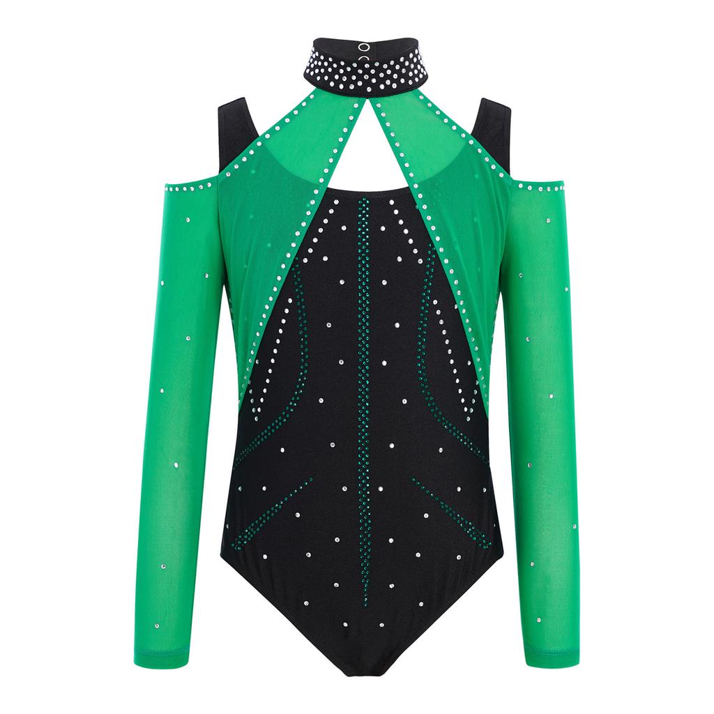 Kombinezon Gimnastyczny dla Dziewcząt Wycięcia Siateczkowe Patchwork Błyszczące Cyrkonie Color Block Body Baletowe