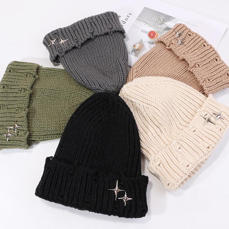 Hat Men and Women Stars Ripped Wool Hat Japanese Pointed Knit Hat Autumn and Winter Warm Pullover Cold Hat