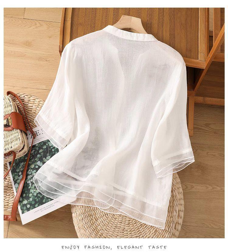 Blouse Broderie Chemise Col Montant Chemise Brodée Été Printemps Femmes Manche Volantée