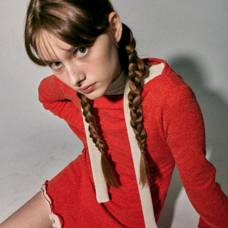 QUAFE KNIT ONEPIECE & MUFFLER SET_RED ORANGE