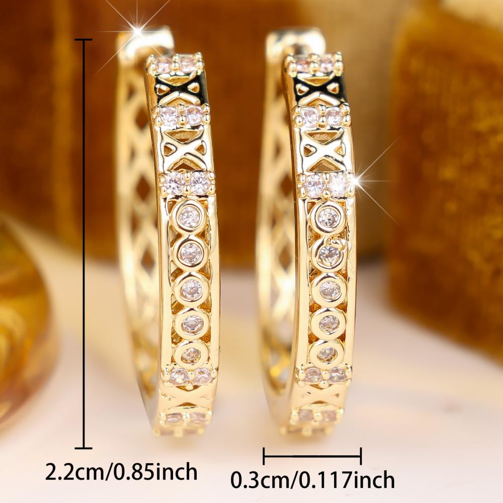 Luxury Gold Color Hollow Geometric Paved Zircon Hoop Earrings for Women Daily Wear and Party