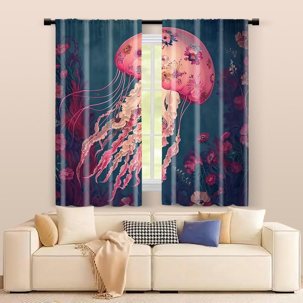2 Pcs   Filtering Curtains (excluding Rods   Non-movable   Without Batteries) Anime Theme Anemones and Flowers for Use In Bedrooms