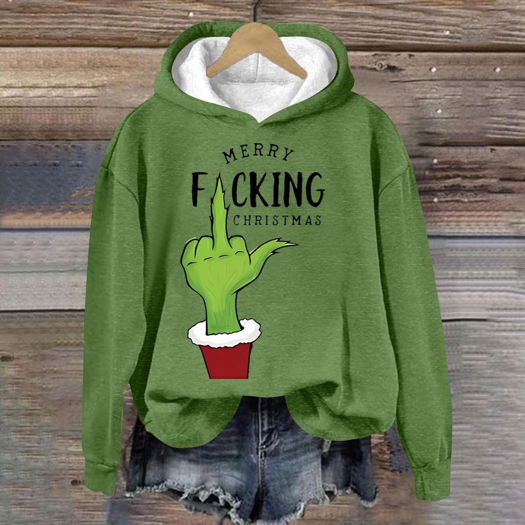 Women's Fashion Casual Long Sleeve Christmas Printed Round Neck Hooded Sweatshirt Top