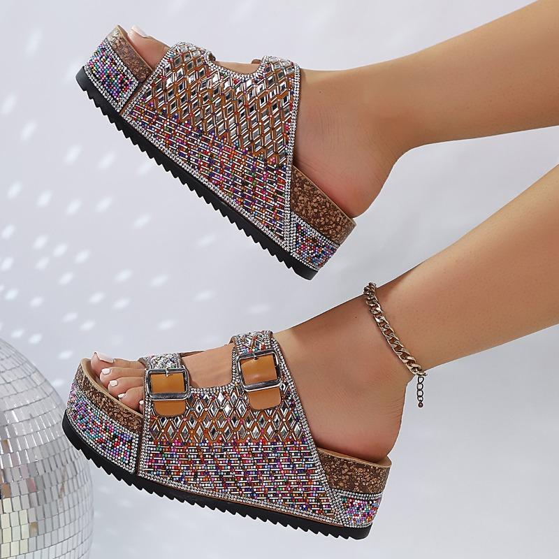 Thick-soled Rhinestone European and American Sandals 2025 Summer Plus Size Belt Buckle Soft-soled Flip-flops Women