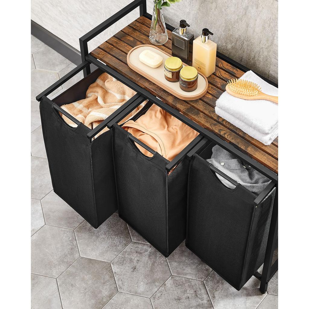 VASAGLE Laundry Basket, Laundry Hamper, Laundry Sorter with 3 Pull-Out and Removable Bags, 1 Storage Shelf, 38L Capacity per Bag, for Bathroom