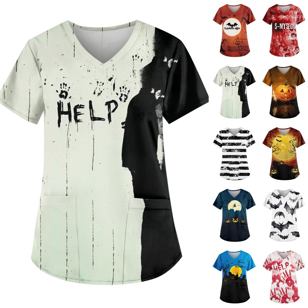 Women's Fashion V-Neck Short Sleeve With Pocket Halloween Printed T-Shirt Top