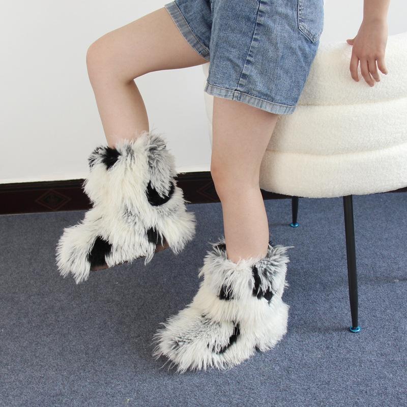 YK women's imitation fox fur snow boots imitation fur plush flat winter boots fashion cotton boots