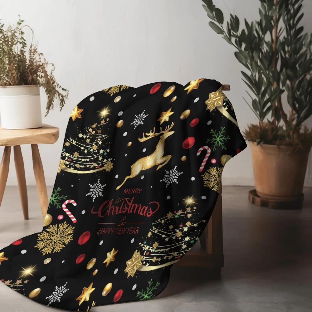 Golden Reindeer Christmas Fleece Blanket, Black with Red Holiday Greeting, Festive Throw for New Year and Xmas Decor