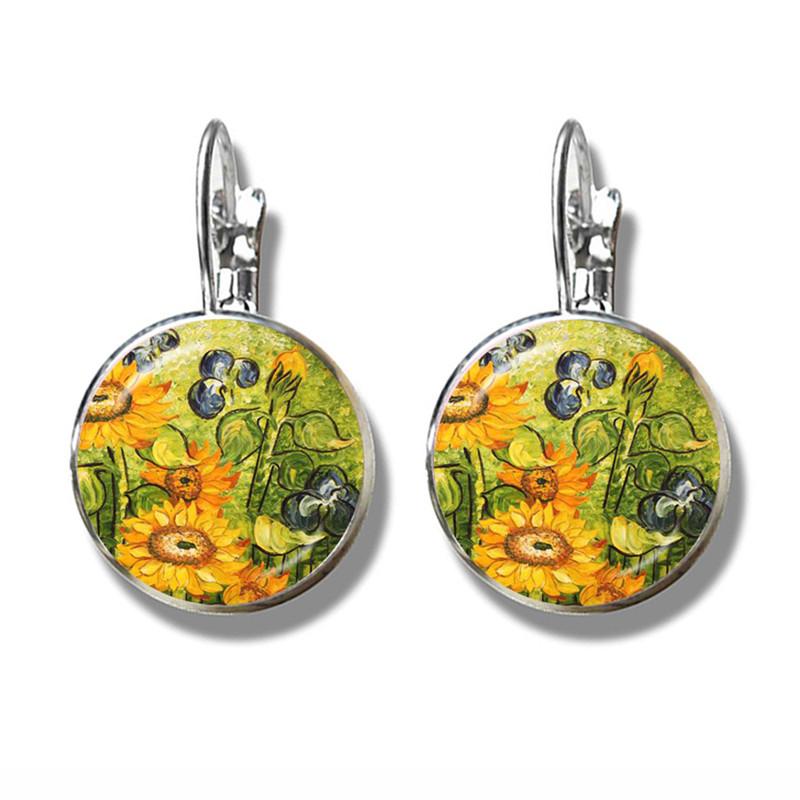 Van Gogh Solsikker Kunst Vintage Sølvbelagte Øredobber Glass Cabochon Kuppel Stiftøredobber Zirkon For Kvinner Jenter Gave