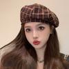 Frauen Winter Baskenmütze Plaid Print Kontrast Farbe Elastische Einstellbar Weiche Warme Dekorative Dome Dame Kappe Maler Hut