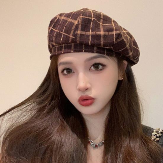 Frauen Winter Baskenmütze Plaid Print Kontrast Farbe Elastische Einstellbar Weiche Warme Dekorative Dome Dame Kappe Maler Hut