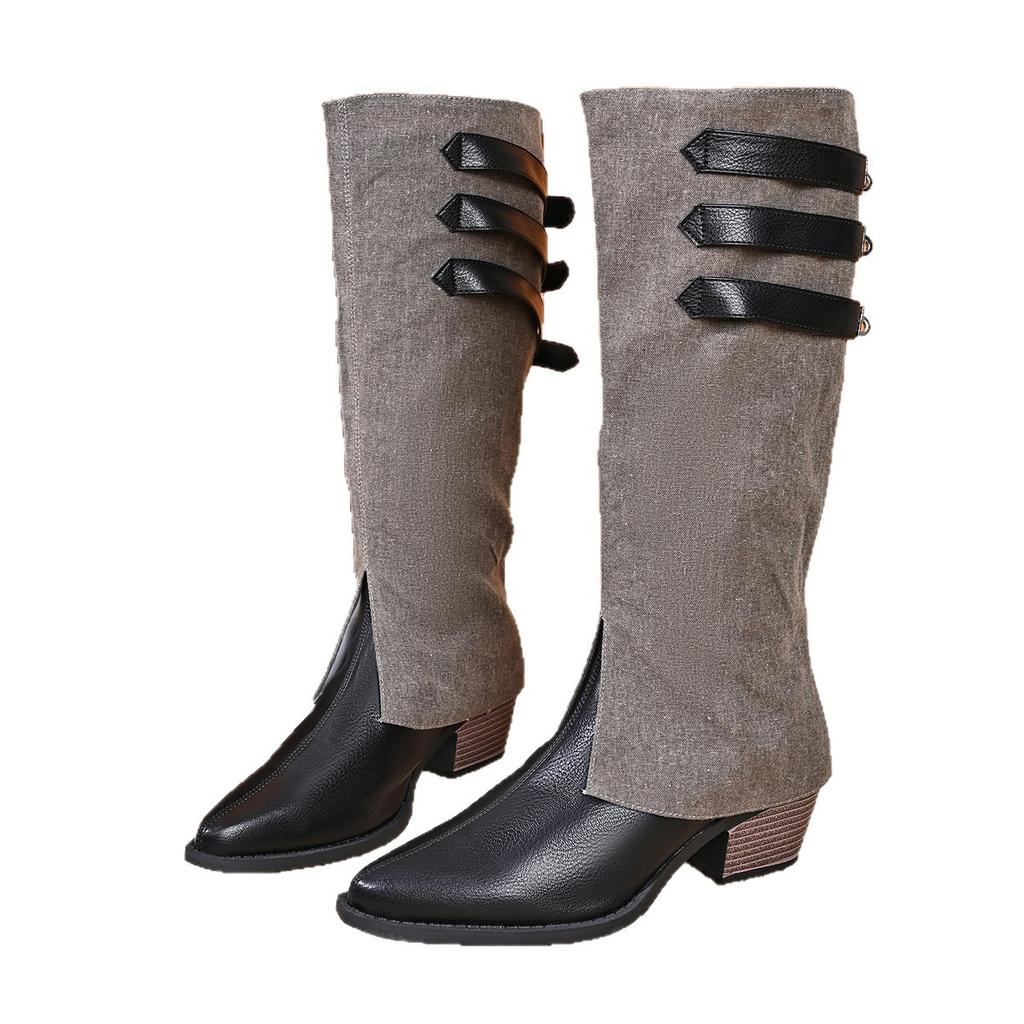 Outer size large size pointed thick heel trousers boots women's 0000 autumn new models belt buckle but knee boots knight women's boots