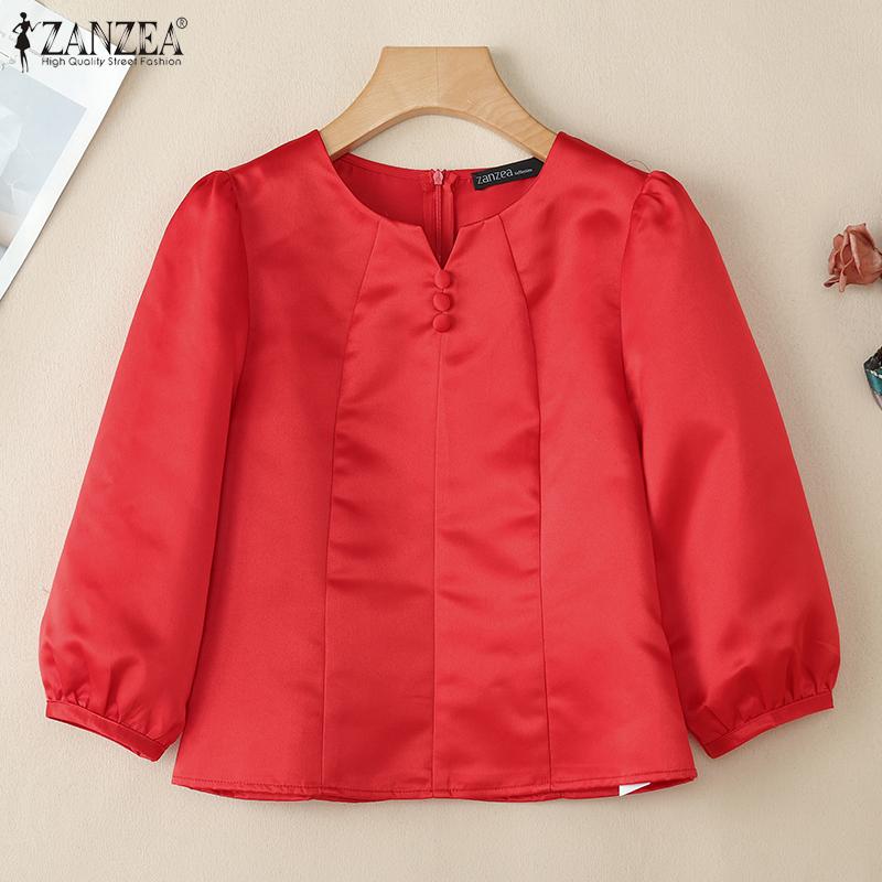 ZANZEA Women Casual V-Neck Solid Color 3/4 Sleeve Blouse