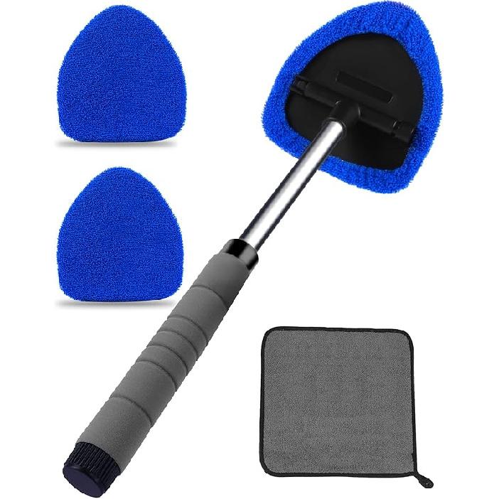 Auto Window Cleaning Tool, Retractable Windshield Cleaner Wand, Car Window Glass Cleaning, Double Sided Car Window Cleaner, Microfiber Mirror Blue Windshield Cleaning