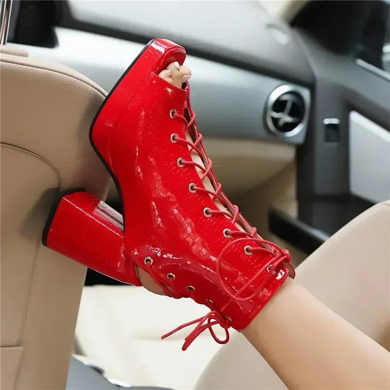 Fashion Woman Gladiator Platform Sandals Sexy Dress Party Lady Red Black Patent Leather Peep Toe Lace Up High Block Heels Shoes