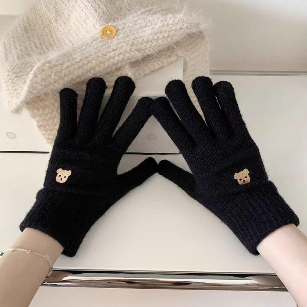 Solid Color Touch Screen Gloves Bear Cycling Gloves Cute Winter Knitted Gloves  Women