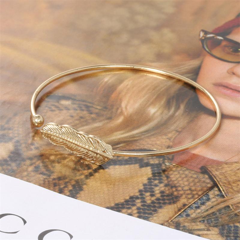 Open Cuff Women's Bangles Gold Color Metal Feather Shape Adjustable Open-Bangle Punk Fashion Hiphop Style Wrist Jewelry Pulseras