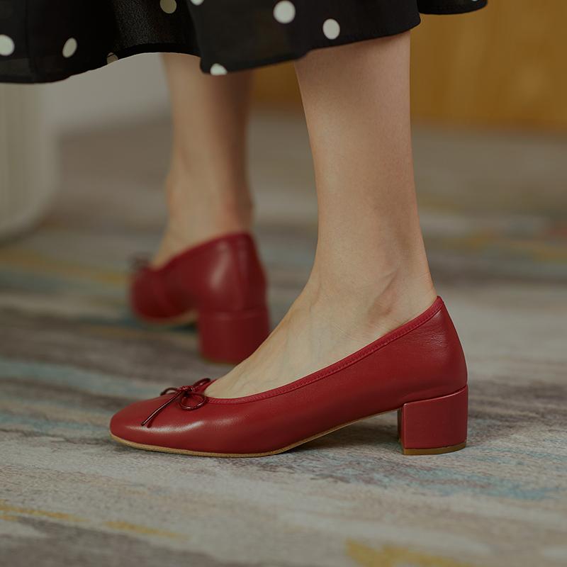 Fashion 2025 Genuine Leather Women Shoes Fashion Butterfly-knot Spring and Autumn Pumps Slip-On Casual Shoes Chunky Heel Size 34-40