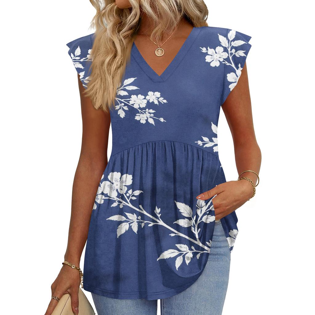 Womens Tops Fashionable V-neck Ruffled Sleeve Short-sleeved T-shirt Business Blouses