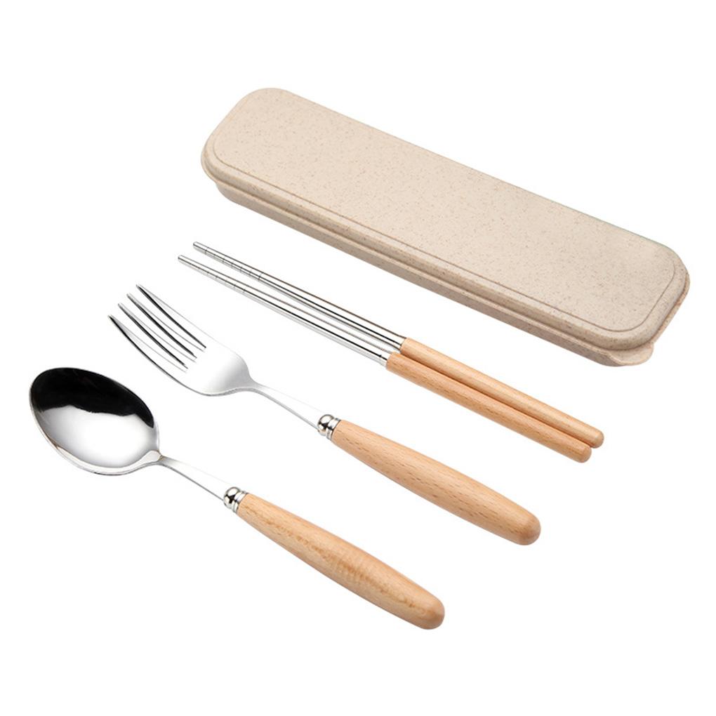 Wood Handle Stainless Set Dinnerware Kit Include Spoon Fork ChopsticksBox Travel Picnic Tableware