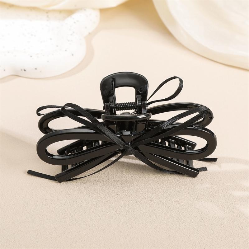 Lightweight Ergonomic Hair Claw Clip With Ribbon Bows Practical Acrylic Hairpin Hair Ornament For Office School Styling