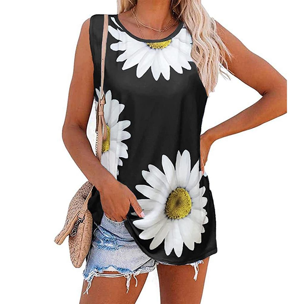 Women's Printed Tank Top Casual Loose Chrysanthemum Sleeveless Round Neck Top