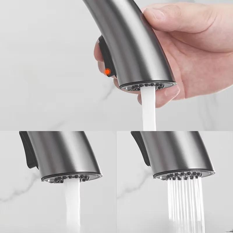 Robinet d'évier de cuisine gris canon dissimulé extractible robinet chaud et froid laiton acier inoxydable