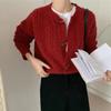 Women Solid Color Round Neck Horn Button Short Knit Cardigan Sweater Outerwear