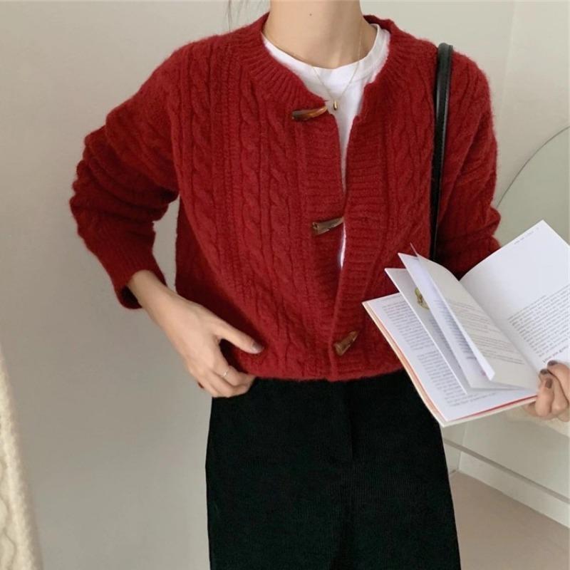 Women Solid Color Round Neck Horn Button Short Knit Cardigan Sweater Outerwear