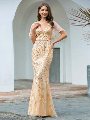 Ever-Pretty Women's Gorgeous V Neck Leaf-Sequined Fishtail Ruffles Sleeve Party Dress